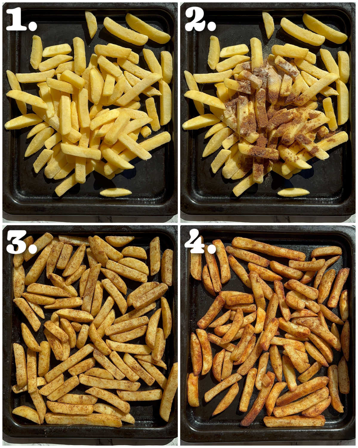 4 step by step photos showing how to make salt and chilli chips