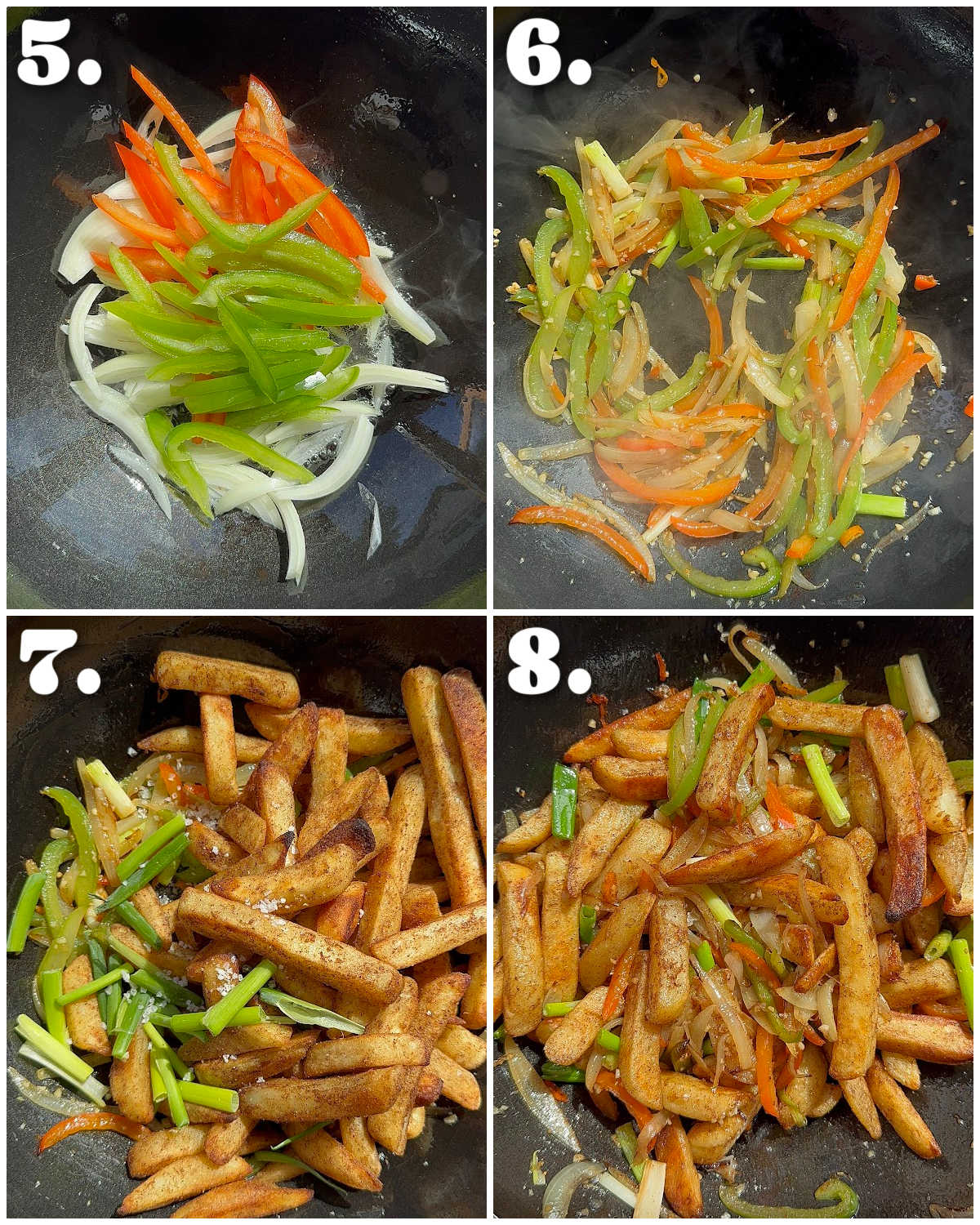 4 step by step photos showing how to make salt and chilli chips