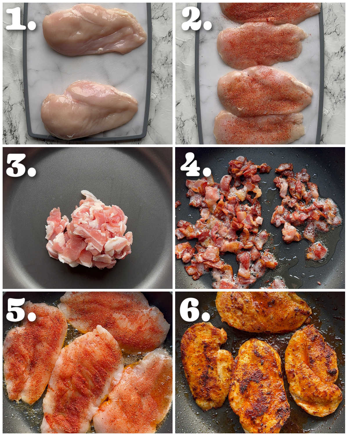 6 step by step photos showing how to fry chicken and bacon